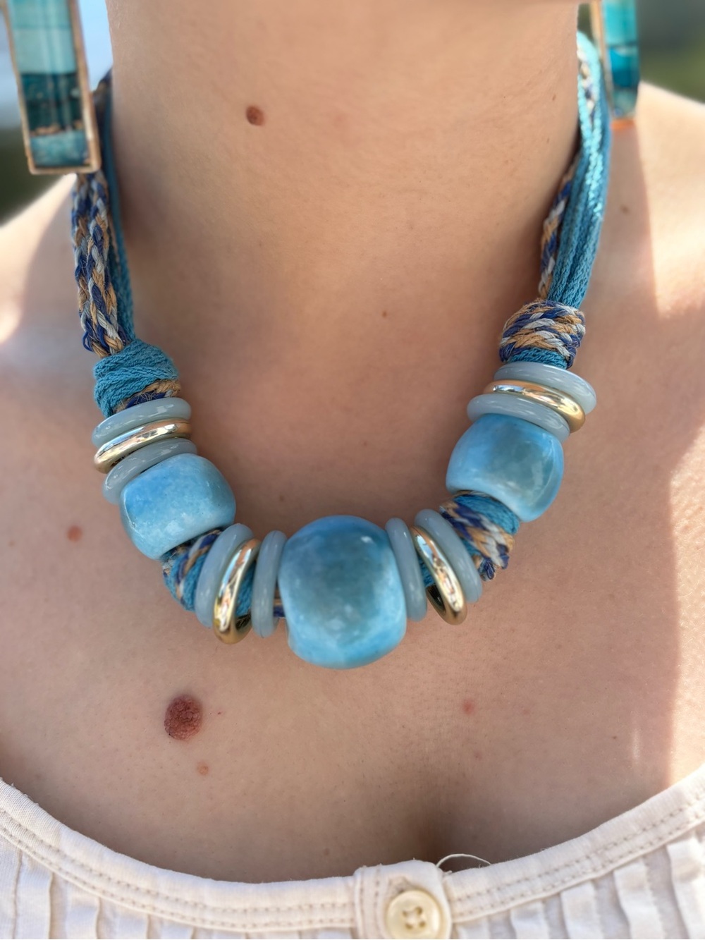 Ladies Caribbean Blue Ceramic Beads Rope Braided Necklace